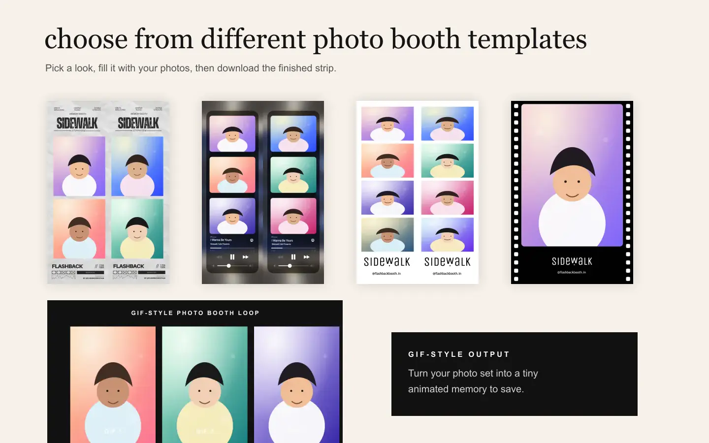 Different photo booth templates with photos inside them